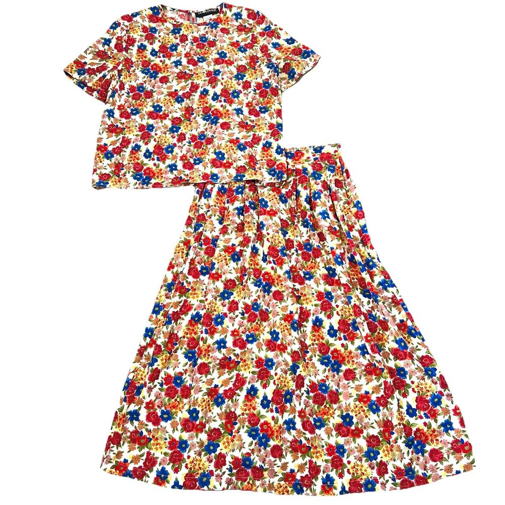 VTG Sag Harbor Colorful Floral 2-Piece Matching Top & Skirt Set S Grandmacore